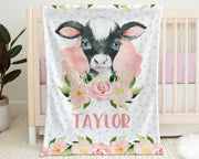 Personalized baby cow blanket, newborn girl farm cow blanket with name, personalized calf flowers baby gift, swaddle blanket with farm cow