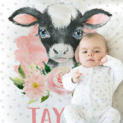 Personalized baby cow blanket, newborn girl farm cow blanket with name, personalized calf flowers baby gift, swaddle blanket with farm cow
