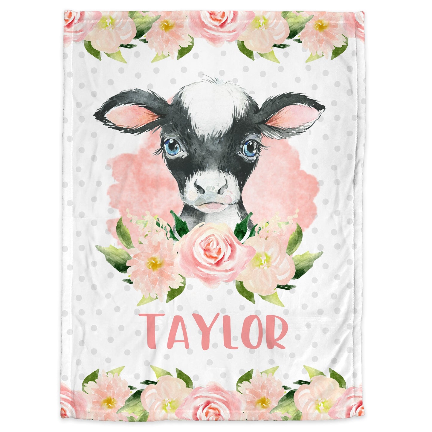 Personalized baby cow blanket, newborn girl farm cow blanket with name, personalized calf flowers baby gift, swaddle blanket with farm cow