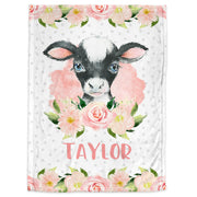 Personalized baby cow blanket, newborn girl farm cow blanket with name, personalized calf flowers baby gift, swaddle blanket with farm cow