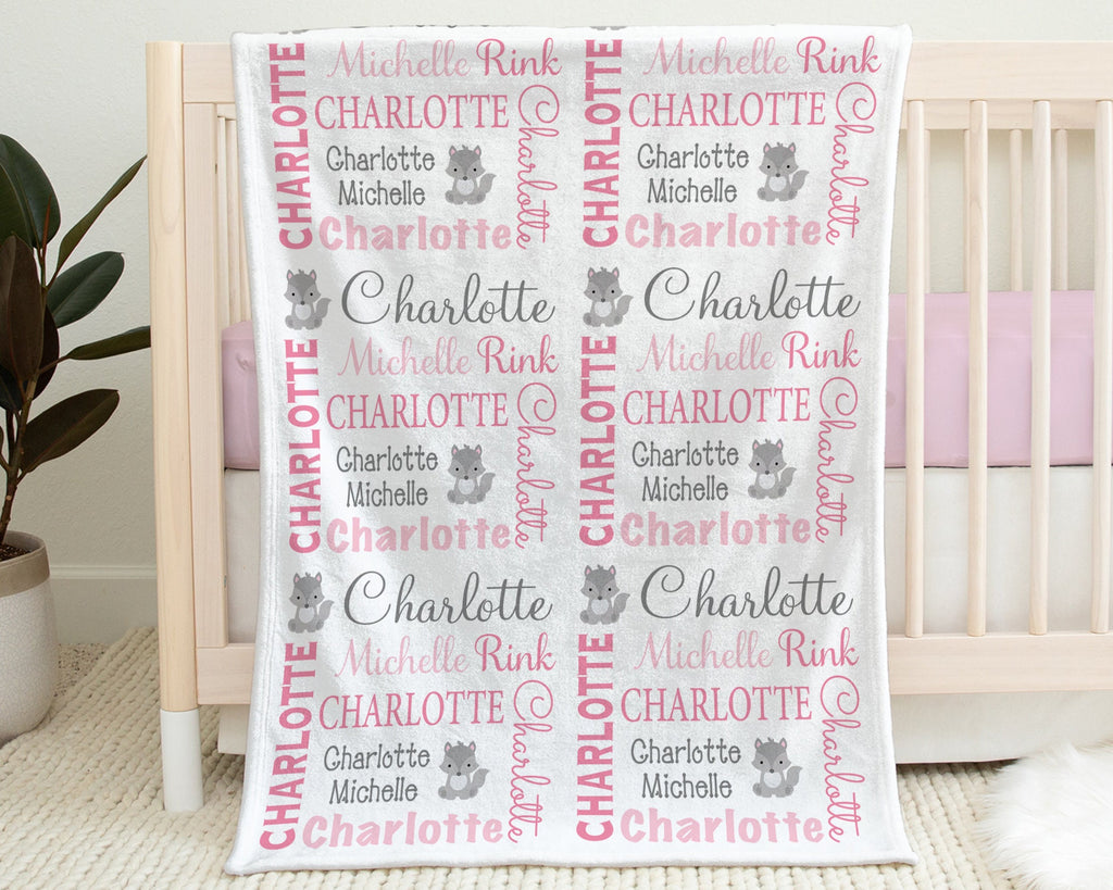 Newborn fox baby girl name blanket, pink and gray swaddle blanket with gray foxes, fox personalized baby gift with name (CHOOSE COLORS)