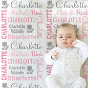 Newborn fox baby girl name blanket, pink and gray swaddle blanket with gray foxes, fox personalized baby gift with name (CHOOSE COLORS)