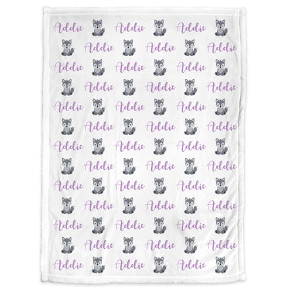 Baby girl wolf name blanket, personalized wolf baby blanket, newborn wolf theme baby gift, boy or girls wolf swaddle blanket, purple wolves