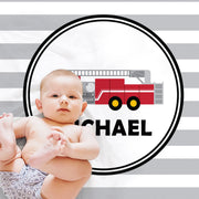 Baby blanket with fire trucks, fireman theme personalized name blanket, firetruck newborn boy or girl swaddle blanket (CHOOSE COLORS)