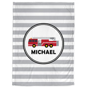 Baby blanket with fire trucks, fireman theme personalized name blanket, firetruck newborn boy or girl swaddle blanket (CHOOSE COLORS)