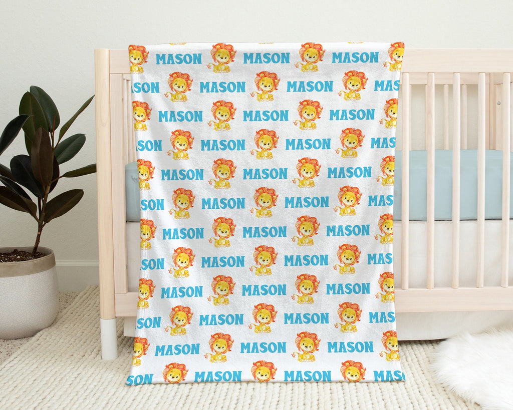 Cute boys personalized lion baby blanket, newborn lion theme name blanket, personalized lion animal gift, boys safari lion baby swaddle