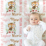 Personalized girl owl baby blanket, newborn owl baby gift with name, watercolor boho owl swaddle blanket, owl name blanket (CHOOSE COLORS)