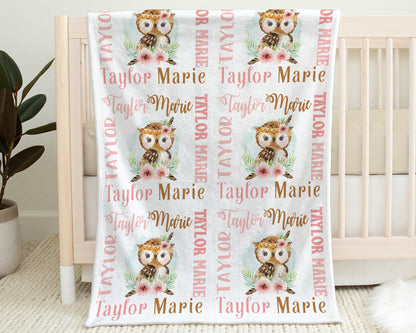 Personalized girl owl baby blanket, newborn owl baby gift with name, watercolor boho owl swaddle blanket, owl name blanket (CHOOSE COLORS)