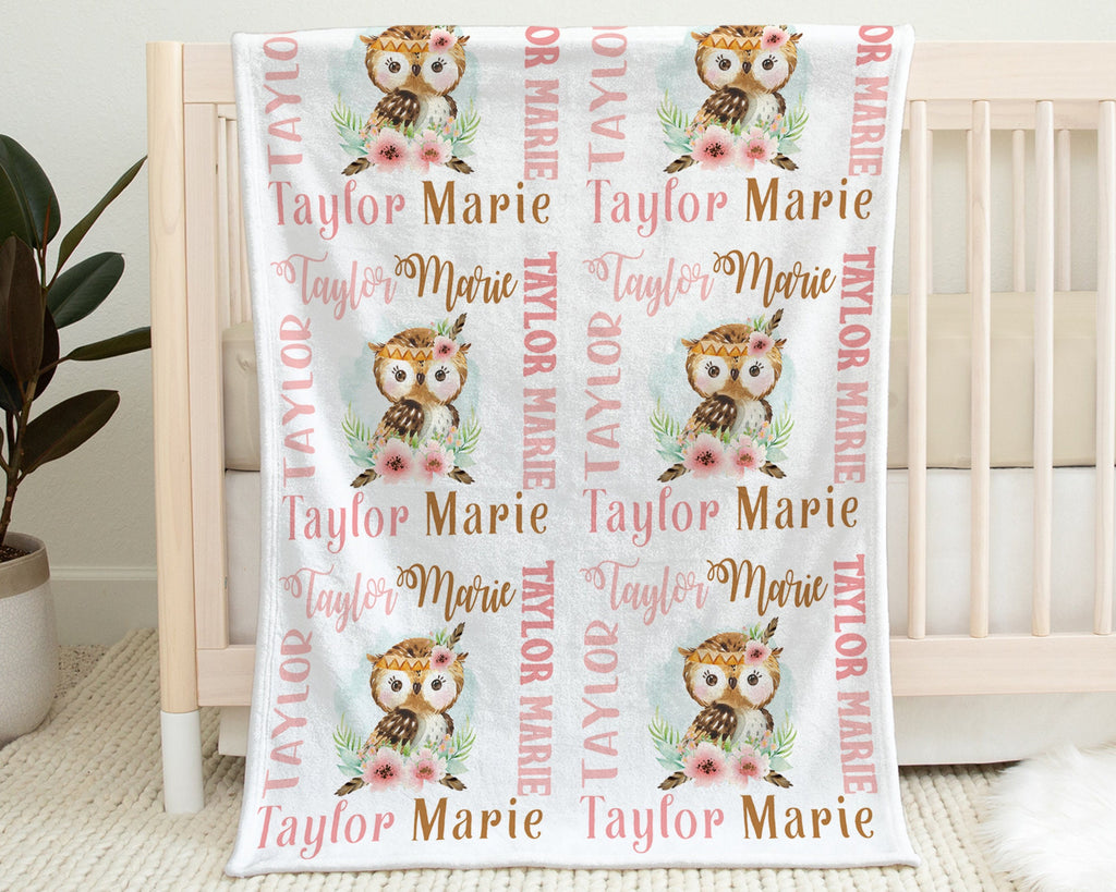 Personalized girl owl baby blanket, newborn owl baby gift with name, watercolor boho owl swaddle blanket, owl name blanket (CHOOSE COLORS)