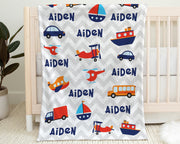 Cars Trucks baby blanket, personalized boys vehicles plane, boat, car, helicopter swaddle blanket, transportation baby gift with name