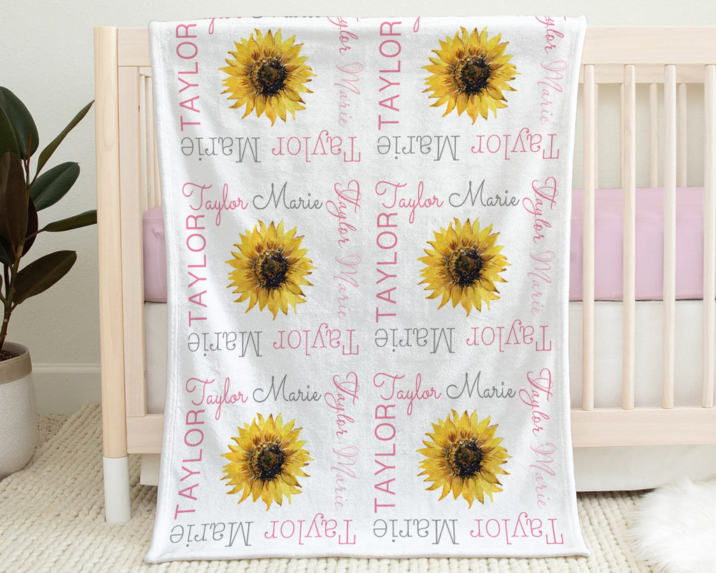 Sunflower baby blanket, newborn sunflowers blanket with name, sunflower girl personalized swaddle, sunflower baby girl gift (CHOOSE COLORS)