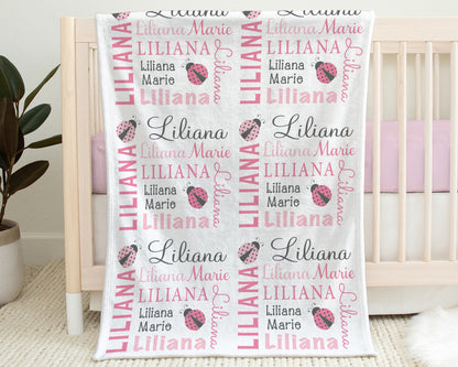 Personalized Ladybug Baby Name Blanket Girl Pink