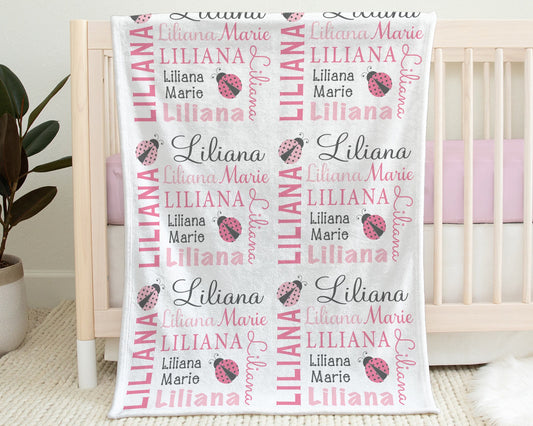 Personalized Ladybug Baby Name Blanket Girl Pink