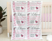 Ladybug baby girl blanket with name, personalized newborn ladybugs swaddle blanket, pink and gray ladybug baby gift, (CHOOSE COLORS)
