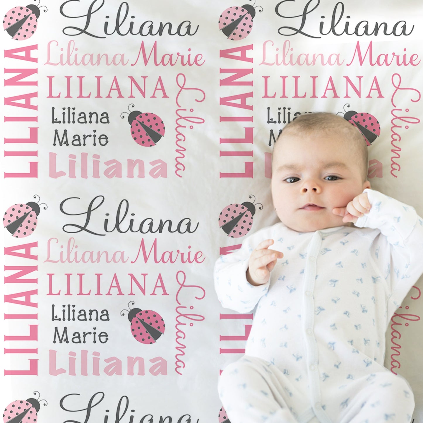 Personalized Ladybug Baby Name Blanket Girl Pink