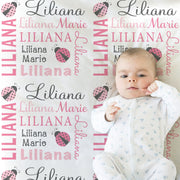 Ladybug baby girl blanket with name, personalized newborn ladybugs swaddle blanket, pink and gray ladybug baby gift, (CHOOSE COLORS)