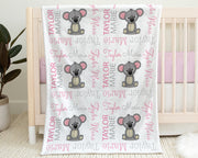 Koala bear baby blanket, baby girl personalized koala name swaddle blanket, newborn koalas baby gift in pink and gray (CHOOSE COLORS)