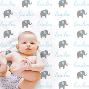 Personalized elephant name blanket, newborn swaddle blanket with elephants, baby boy or girl, elephant baby gift, (CHOOSE COLORS)