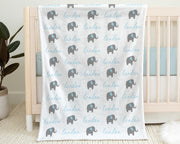 Personalized elephant name blanket, newborn swaddle blanket with elephants, baby boy or girl, elephant baby gift, (CHOOSE COLORS)