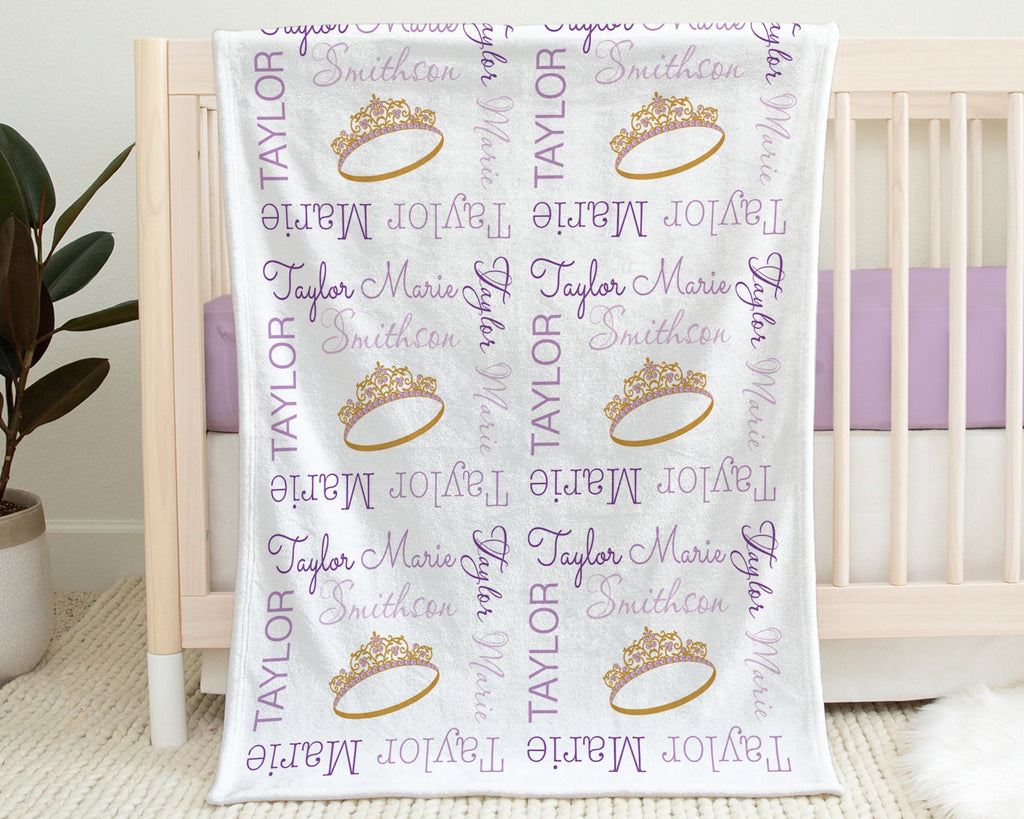Princess crown baby blanket, personalized tiara name blanket, girls newborn princess swaddle, purple baby gift with crown, (CHOOSE COLORS)