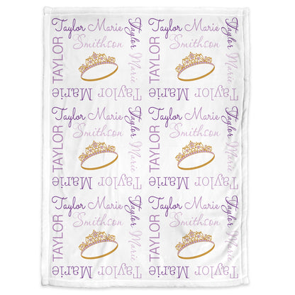Princess crown baby blanket, personalized tiara name blanket, girls newborn princess swaddle, purple baby gift with crown, (CHOOSE COLORS)