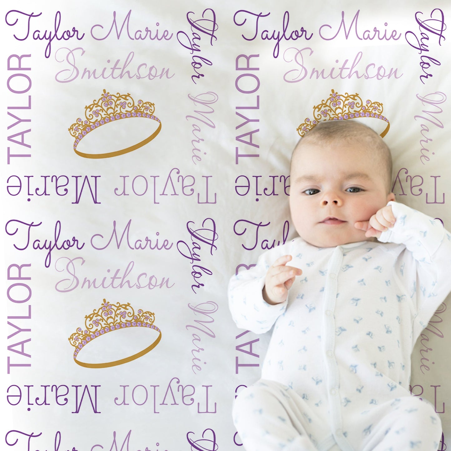 Princess crown baby blanket, personalized tiara name blanket, girls newborn princess swaddle, purple baby gift with crown, (CHOOSE COLORS)