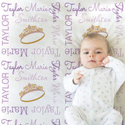 Princess crown baby blanket, personalized tiara name blanket, girls newborn princess swaddle, purple baby gift with crown, (CHOOSE COLORS)
