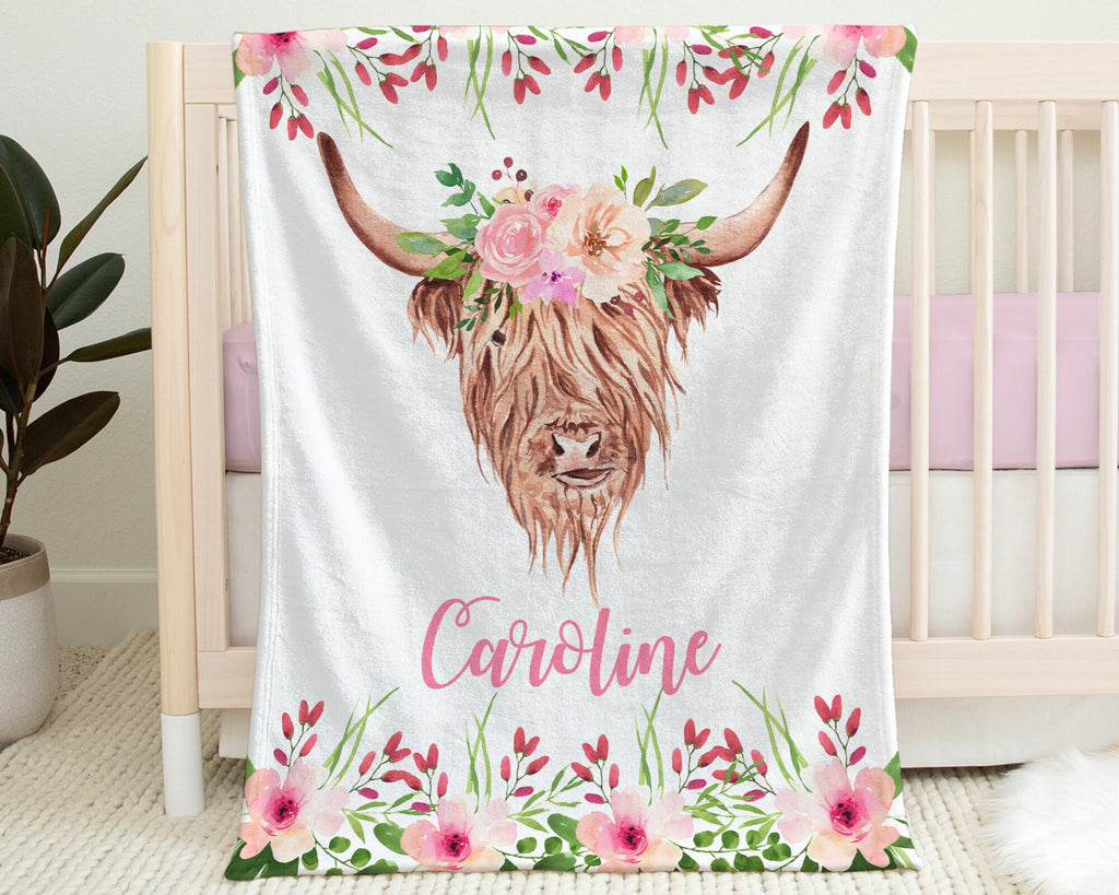 Highland cow baby name blanket, cow swaddle blanket with flowers, personalized girl floral farm gift, newborn flower highland cow gift