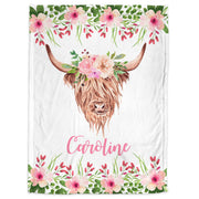 Highland cow baby name blanket, cow swaddle blanket with flowers, personalized girl floral farm gift, newborn flower highland cow gift