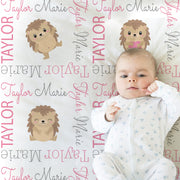 Girl hedgehog baby name blanket, personalized hedgehogs swaddle blanket, pink and gray hedgehog theme newborn baby gift, (CHOOSE COLORS)