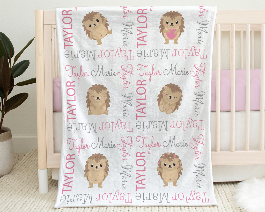 Girl hedgehog baby name blanket, personalized hedgehogs swaddle blanket, pink and gray hedgehog theme newborn baby gift, (CHOOSE COLORS)
