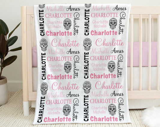 Personalized Sugar Skull Baby Name Blanket Girl