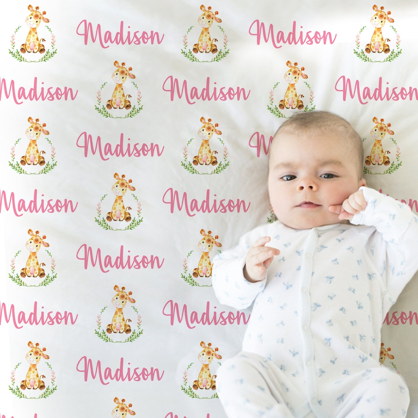 Baby girl giraffe blanket, personalized floral giraffe pink name blanket, watercolor floral greenery giraffe swaddle, giraffle baby gift