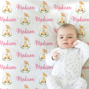 Baby girl giraffe blanket, personalized floral giraffe pink name blanket, watercolor floral greenery giraffe swaddle, giraffle baby gift
