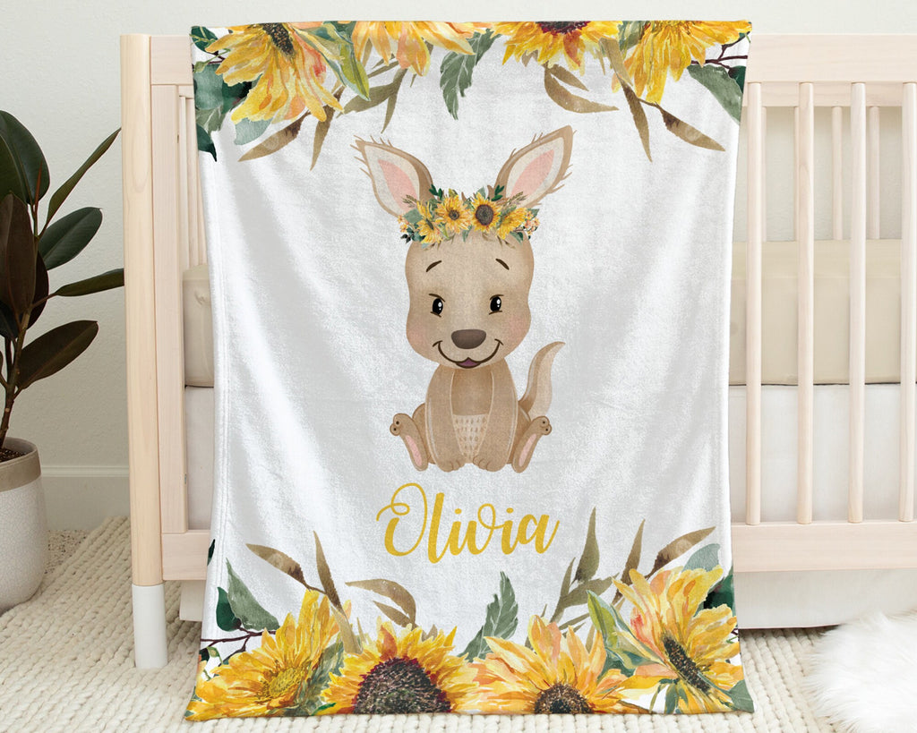 Kangaroo baby girl blanket, personalized newborn kangaroo flowers name blanket, kangaroo sunflowers baby swaddle gift (CHOOSE COLORS)