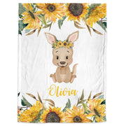 Kangaroo baby girl blanket, personalized newborn kangaroo flowers name blanket, kangaroo sunflowers baby swaddle gift (CHOOSE COLORS)