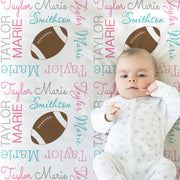 Girl football blanket, personalized football swaddle name blanket, team colors newborn baby gift, any sports team colors (CHOOSE COLORS)