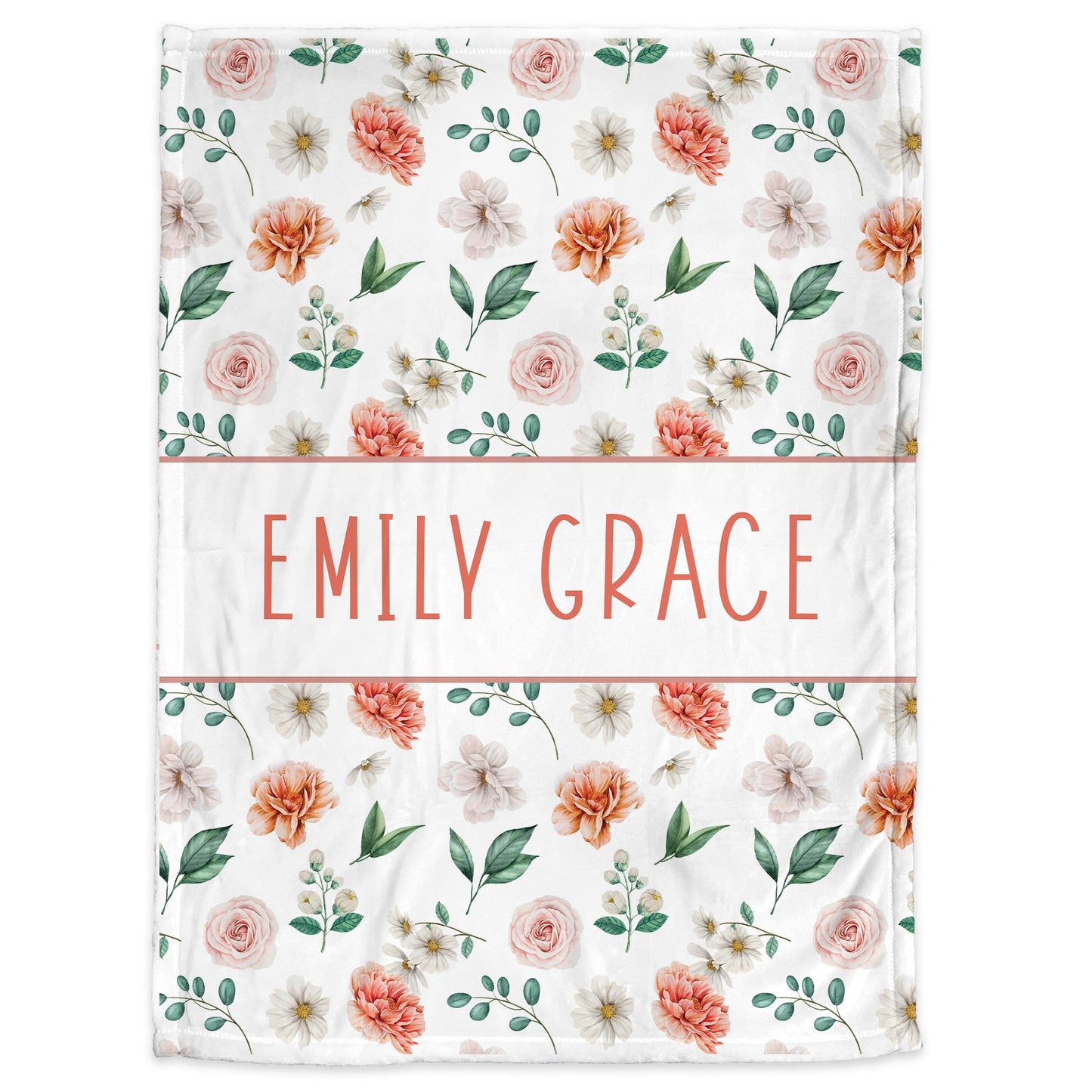 Girl flower blanket, floral swaddle name blanket, personalized newborn baby gift, flowers, pink coral and white blanket with flowers