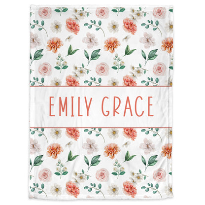 Girl flower blanket, floral swaddle name blanket, personalized newborn baby gift, flowers, pink coral and white blanket with flowers