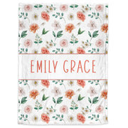 Girl flower blanket, floral swaddle name blanket, personalized newborn baby gift, flowers, pink coral and white blanket with flowers