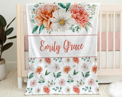 Girl baby blanket, flowers swaddle name blanket, personalized newborn baby gift, flowers, pink coral and white blanket with flowers