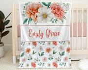 Girl baby blanket, flowers swaddle name blanket, personalized newborn baby gift, flowers, pink coral and white blanket with flowers