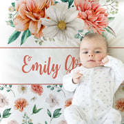 Girl baby blanket, flowers swaddle name blanket, personalized newborn baby gift, flowers, pink coral and white blanket with flowers
