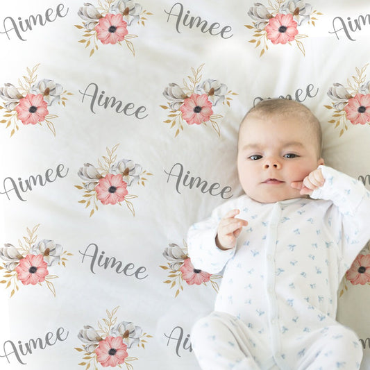 Pink flowers baby blanket, personalized baby name gift, pink and gray flowers, girl newborn gift, floral swaddle blanket