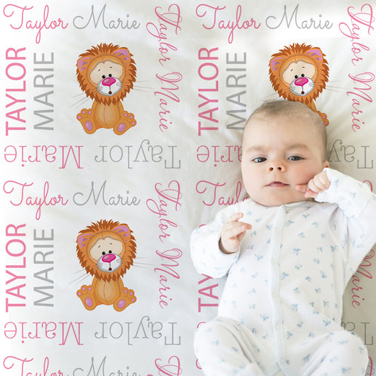 Personalized Cute Lion Safari Animal Baby Name Blanket Girl