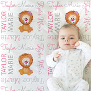 Personalized baby girl lion blanket, baby girl name blanket with lions, newborn lion baby gift, swaddle blanket with lions (CHOOSE COLORS)