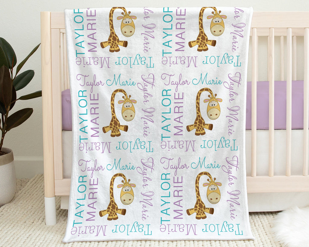Giraffe personalized baby girl blanket, newborn aqua and purple name blanket, giraffes baby gift, giraffe swaddle blanket (CHOOSE COLORS)