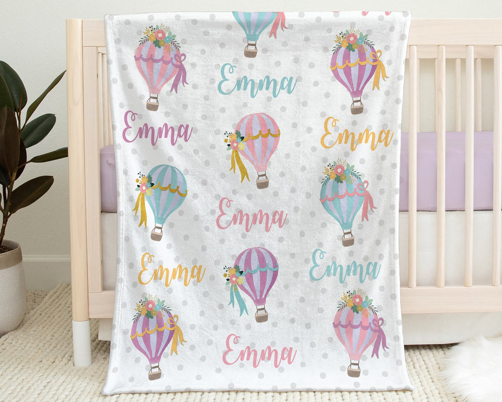 Personalized hot air balloon baby girl blanket, flower balloon newborn swaddle blanket with name, floral hot air balloon baby girl gift