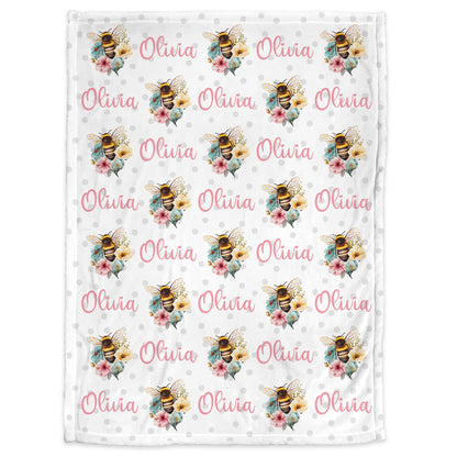 Floral bee baby girl blanket, flower bee newborn swaddle blanket with name, floral bumble bees baby girl gift, personalized baby blanket bee