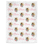 Floral bee baby girl blanket, flower bee newborn swaddle blanket with name, floral bumble bees baby girl gift, personalized baby blanket bee